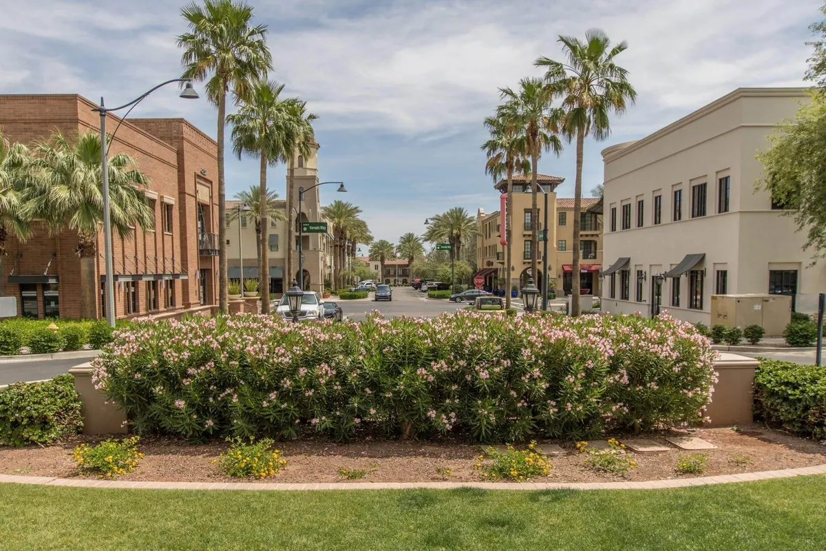 The image showcases the lush exterior of a single-family home in Buckeye, Arizona, surrounded by vibrant palm trees and greenery. The inviting scene hints at a tranquil neighborhood atmosphere, with glimpses of nearby buildings, a quiet street, and open spaces that suggest room for relaxation and outdoor activities. The setting evokes a blend of Southwestern charm and resort-like comfort, ideal for enjoying sunny days and local community events.